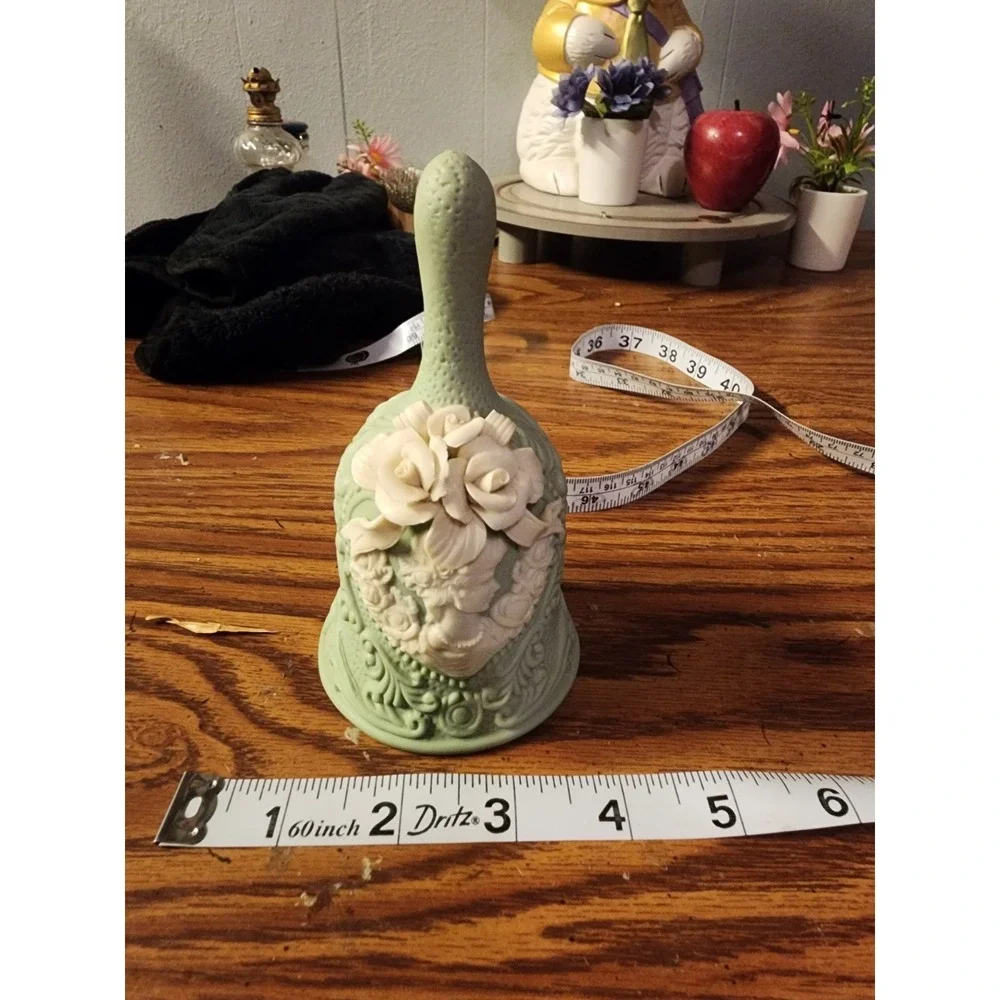 Vintage Sage Green & Ivory Cameo Collectible Bell Jasperware